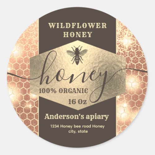 Modern elegant sparkle gold bee  script honey   classic round sticker