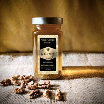 Modern Elegant Sparkle Gold Bee  Script Honey  Lab Label by Makidzona at Zazzle