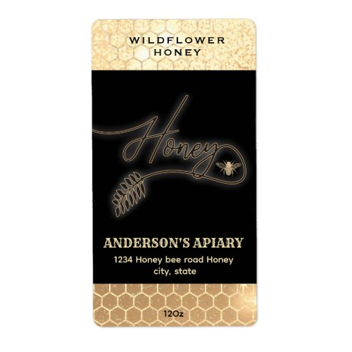 Modern elegant sparkle gold bee  script honey   label