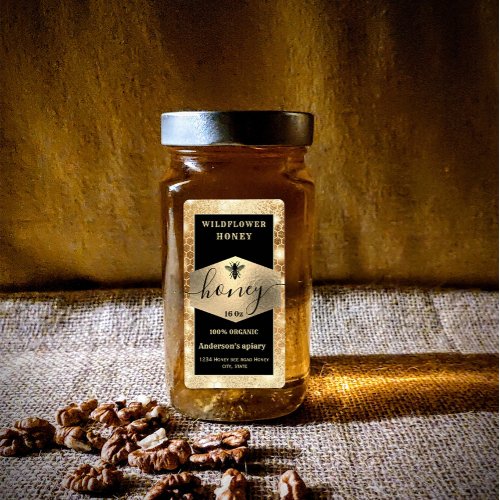 Modern elegant sparkle gold bee  script honey  label