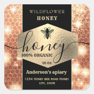 Modern elegant sparkle gold bee script honey squa square sticker
