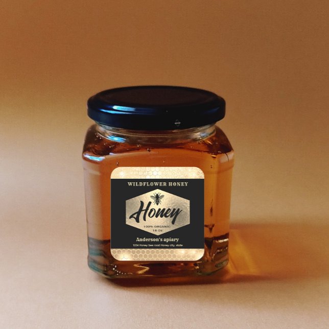 Modern elegant sparkle gold bee  script honey   square sticker (Creator Uploaded)