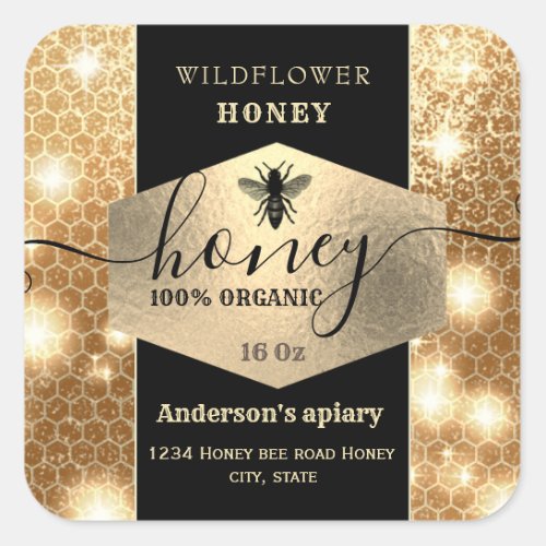 Modern elegant sparkle gold bee  script honey square sticker