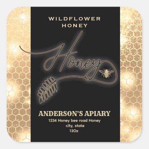 Modern elegant sparkle gold bee  script honey   square sticker
