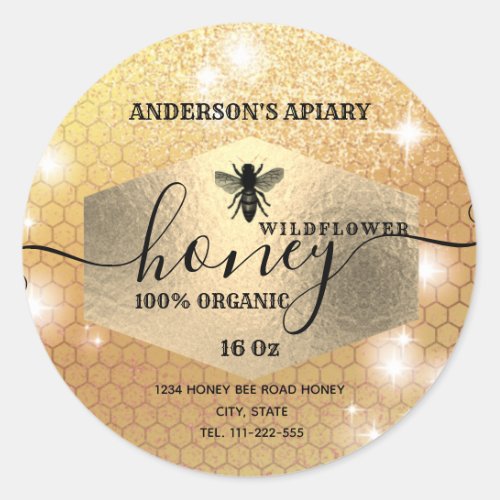 Modern elegant sparkle gold logo bee honey jar classic round sticker