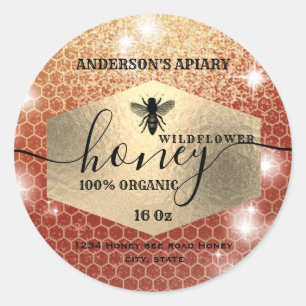 Modern elegant sparkle gold logo bee honey jar classic round sticker