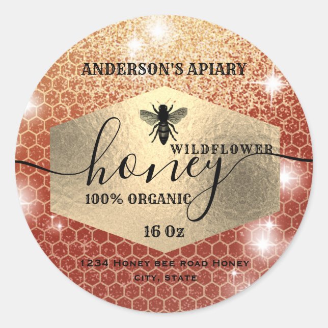 Modern elegant sparkle gold logo bee honey jar classic round sticker (Front)
