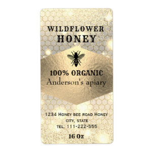 Modern elegant sparkle gold logo bee honey jar label