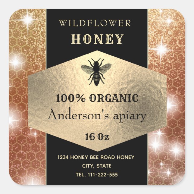 Modern elegant sparkle gold logo bee honey jar square sticker (Front)
