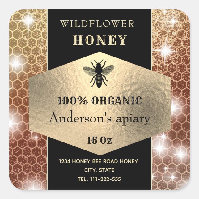 Modern elegant sparkle gold logo bee honey jar square sticker (Front)