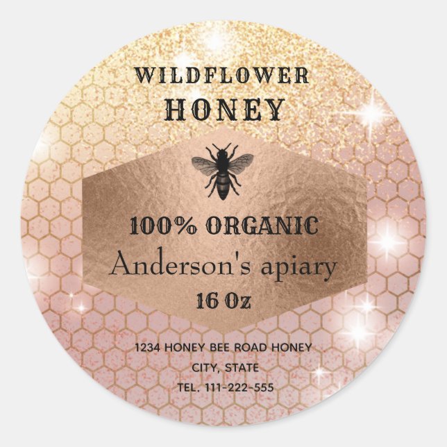 Modern elegant sparkle rose gold  bee logo classic round sticker (Front)