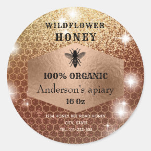 Modern elegant sparkle rose gold bee logo classic round sticker