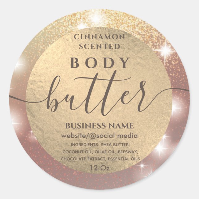 Modern elegant sparkle script body butter label (Front)