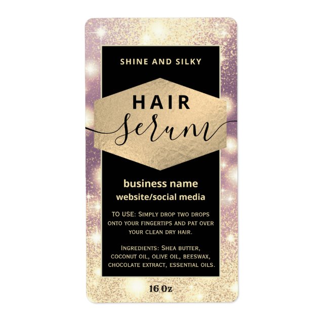 Modern elegant  sparkle script hair serum label (Front)