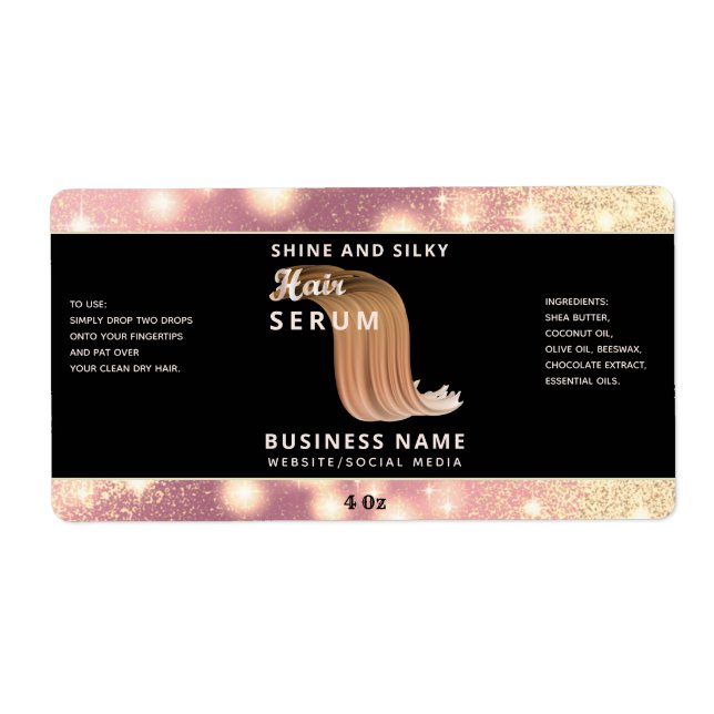 Modern elegant  sparkle script hair serum label (Front)