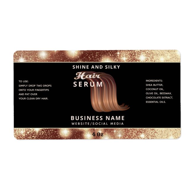 Modern elegant  sparkle script hair serum label (Front)