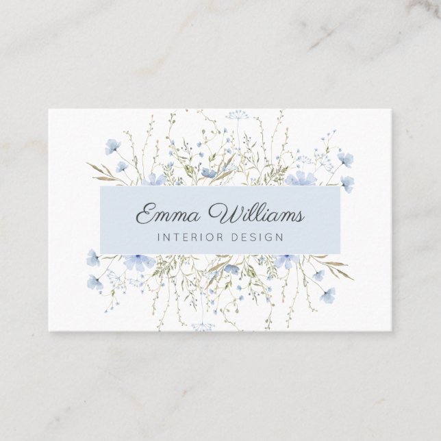Modern Elegant Spring Blue Wildflowers Floral  Business Card (Front)