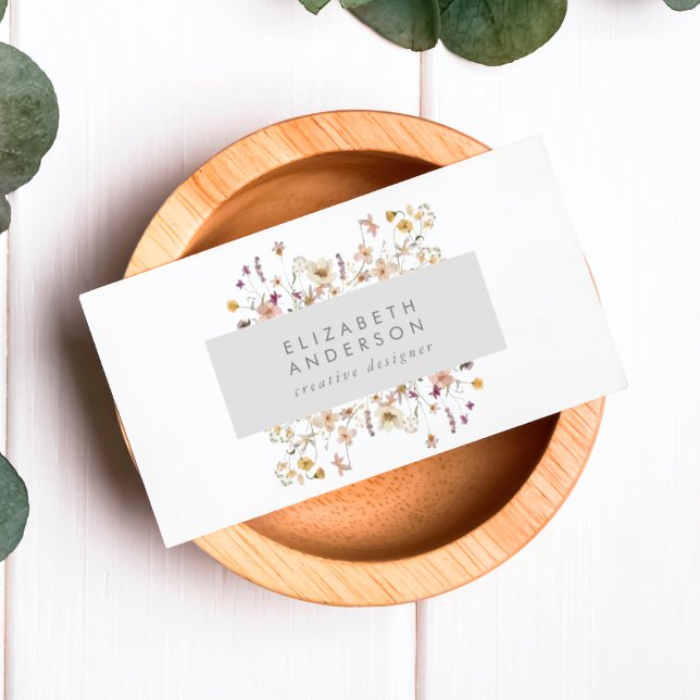 Modern Elegant Spring Wildflowers Floral Gray Business Card (Creator Uploaded)