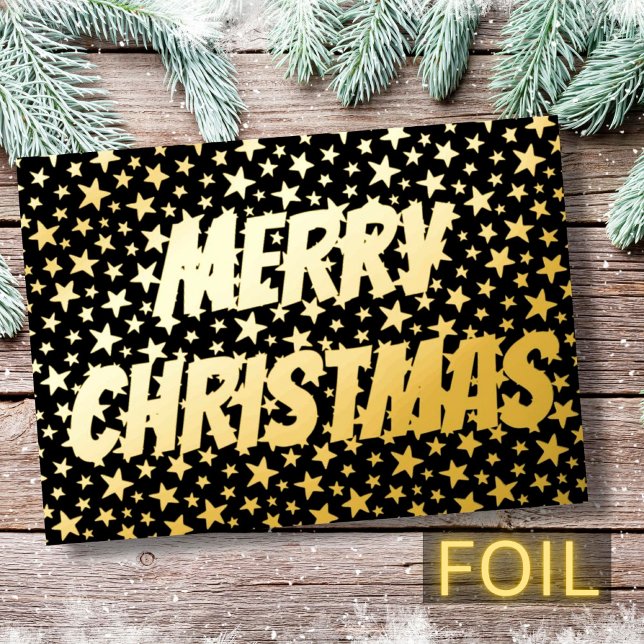 Modern elegant star Merry Christmas black and gold Foil Holiday Card (Creator Uploaded)