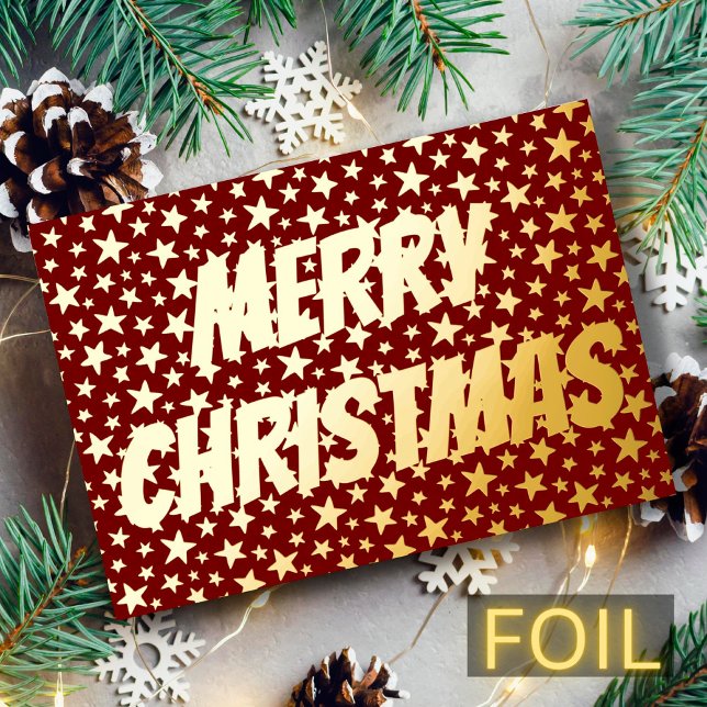 Modern elegant stars Merry Christmas burgundy red Foil Holiday Card (Creator Uploaded)