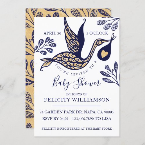 Modern Elegant Stork Baby Boy Shower Invitation