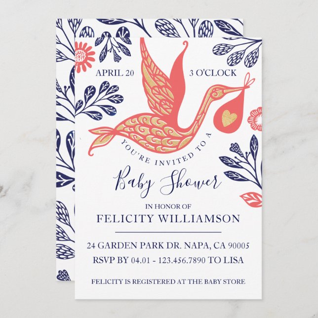 Modern Elegant Stork Baby Girl Shower Invitation (Front/Back)