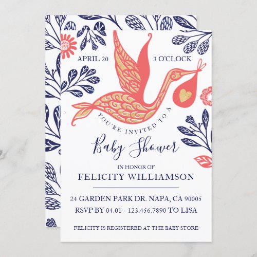 Modern Elegant Stork Baby Girl Shower Invitation