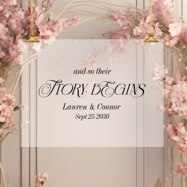 Modern Elegant Story Begins Wedding Frosted White Acrylic Sign (Creator Uploaded)