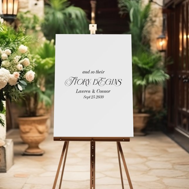 Modern Elegant Story Begins Wedding Script Welcome Foam Board (Creator Uploaded)