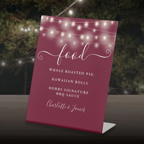 Modern Elegant String Lights Burgundy Food Menu Pedestal Sign