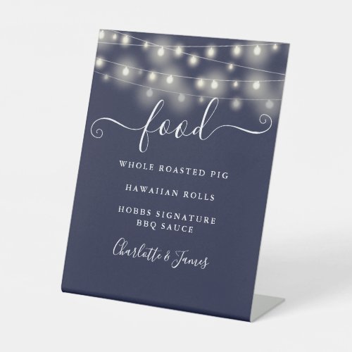 Modern Elegant String Lights Navy Blue Food Menu Pedestal Sign