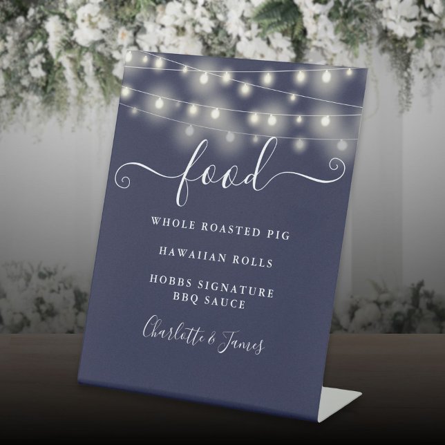 Modern Elegant String Lights Navy Blue Food Menu Pedestal Sign (Modern Elegant String Lights Navy Blue Food Menu Pedestal Sign)