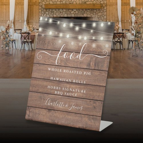 Modern Elegant String Lights Rustic Wood Food Menu Pedestal Sign