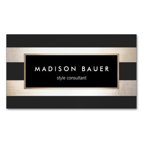 Modern Elegant Striped Black and FAUX Gold Foil Business Card Magnet