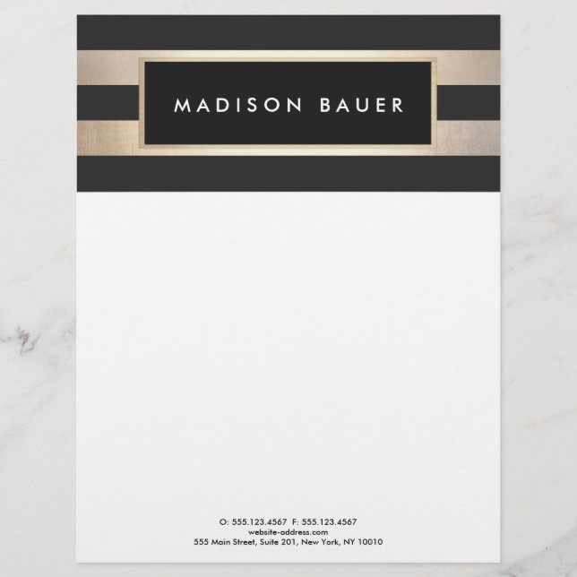 Modern Elegant Striped Black and FAUX Gold Foil Letterhead (Front)