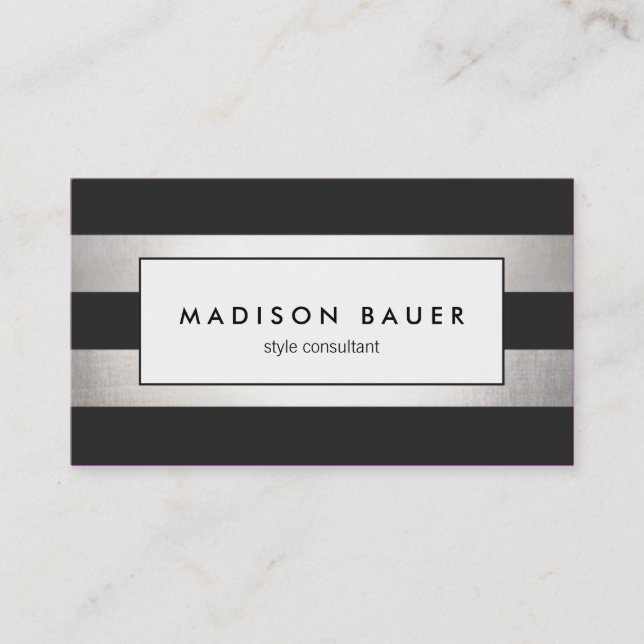 Modern Elegant Striped Black and FAUX Silver Foil Business Card (Front)