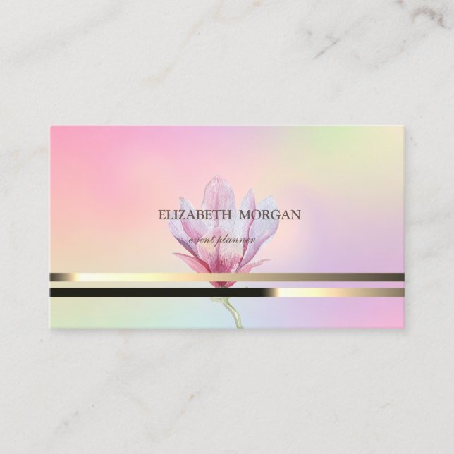 Modern Elegant Striped Magnolia Holographic Business Card (Front)