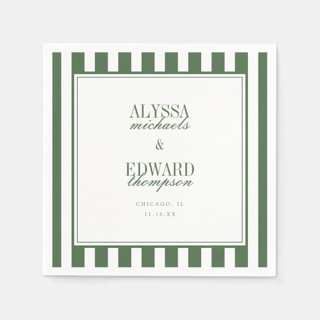 Modern Elegant Striped Olive Green Script Wedding Napkins (Front)