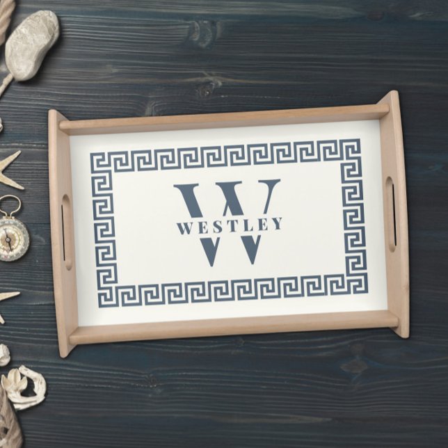 Modern Elegant Stylish Chic Greek Key Monogram Serving Tray (Stylish Monogram Decorative Accent Home decor with greek key pattern)