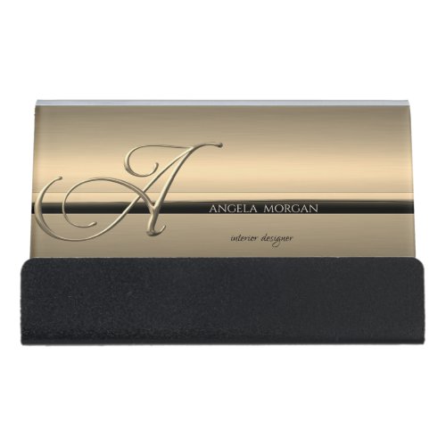 Modern Elegant Stylish Gold Black Stripe Desk Business Card Holder
