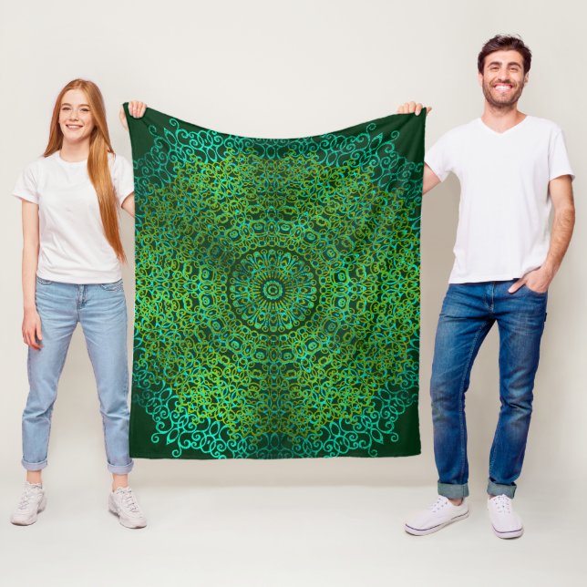   Modern & Elegant Stylish Mandala Boho Dark Green Fleece Blanket (In Situ)