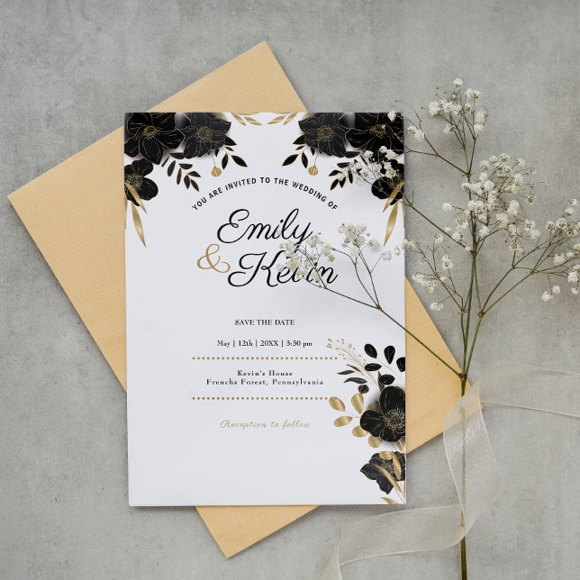 Modern, Elegant Stylish RSVP Black Flowers Custom  Invitation (Creator Uploaded)