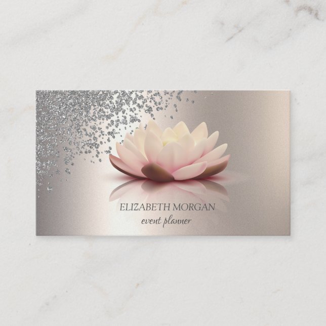 Modern Elegant Stylish Silver Diamonds Lotus Ivory Business Card (Front)