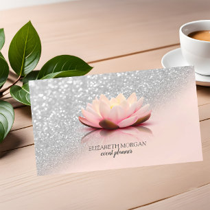 Modern Elegant Stylish Silver Glitter Bokeh Lotus Business Card