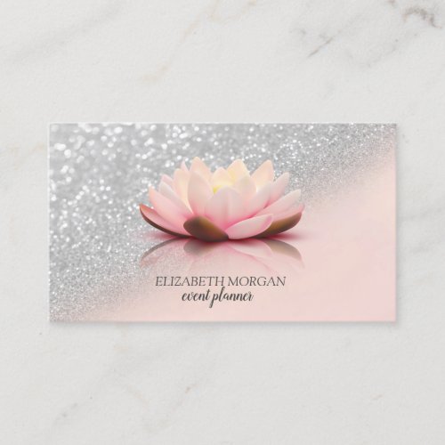 Modern Elegant Stylish Silver Glitter Bokeh Lotus Business Card