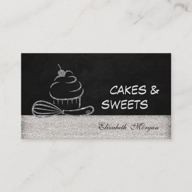 Modern Elegant Stylish Silver Glittery Cupcake Business Card (Front)