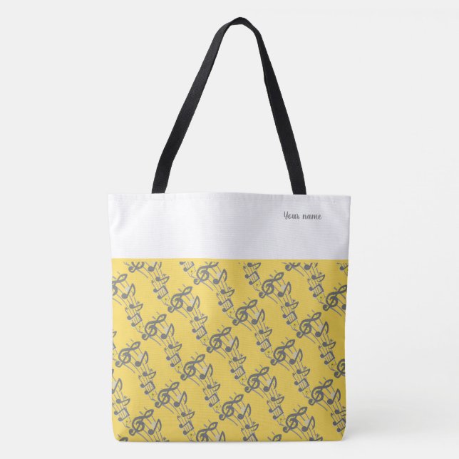 Modern Elegant Stylish Yellow Music Notes Name Tote Bag (Front)