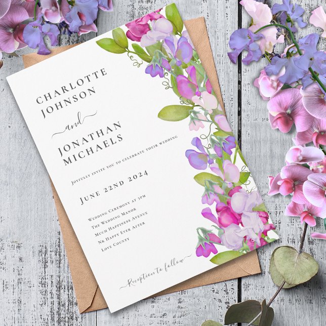 Modern Elegant Summer Floral Wedding Invitation (Modern sweetpea floral pink purple wedding invitation)