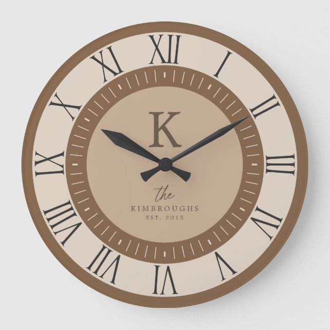 Modern Elegant Tan Mousse Brown Monogram Family Large Clock (Front)