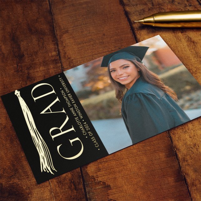 Modern Elegant Tassel Grad Party Custom Photo  Foil Holiday Card (Elegant gold tassel photo graduation announcement and invitation card.)